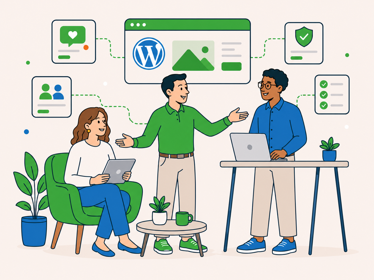 Warm business introduction scene showing a trusted referral connecting a website owner with WordPress support.