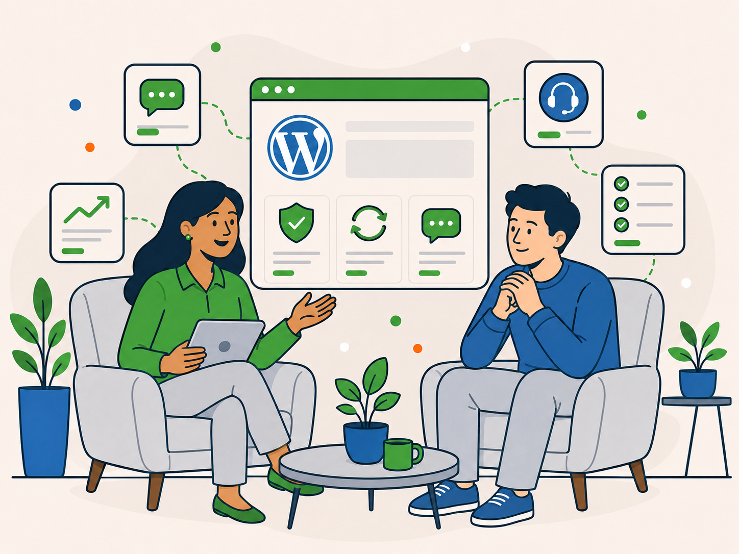 Newt Labs team member having a reassuring conversation with a website owner, surrounded by WordPress support, security, monitoring and communication icons.