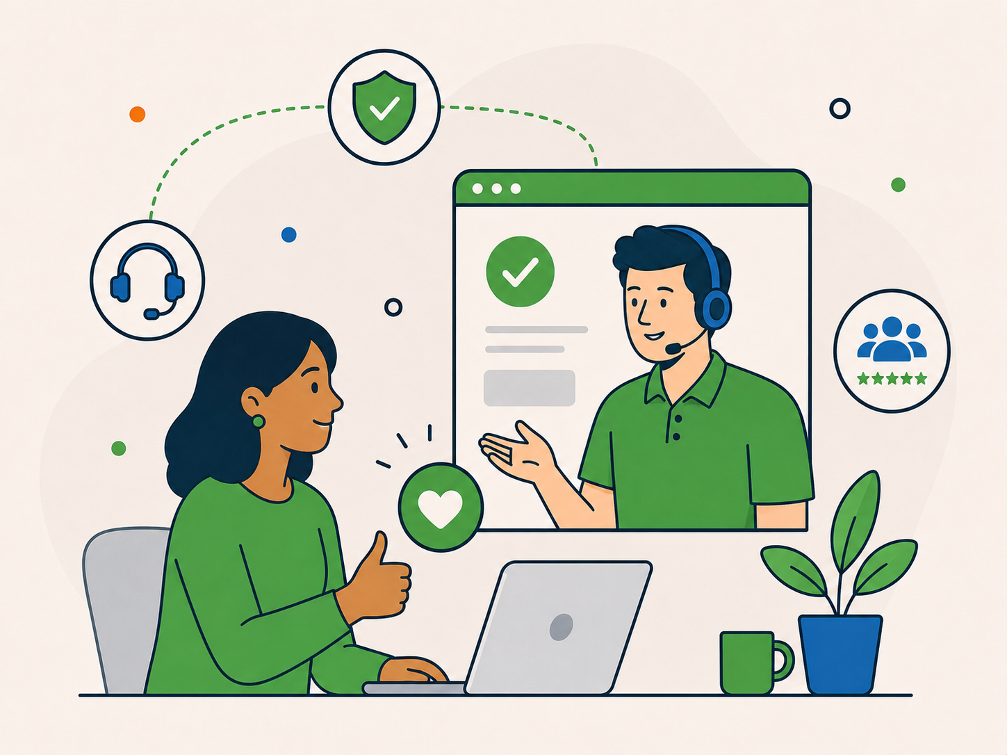 A website owner receiving friendly WordPress support from a trusted Newt Labs specialist, with security, customer review and reassurance icons.