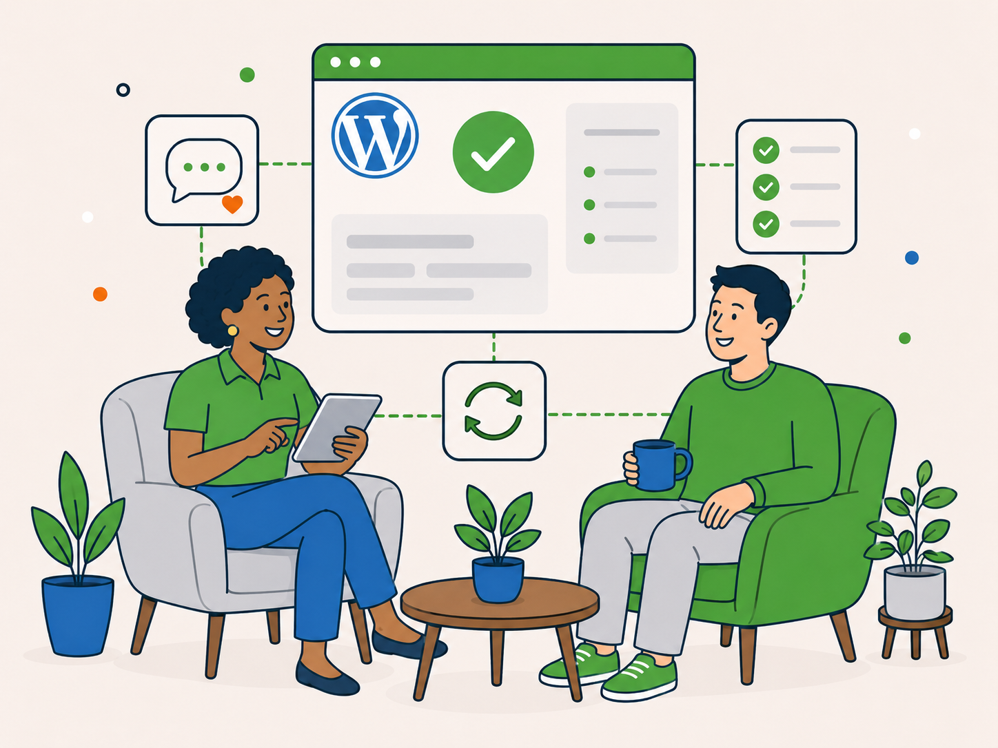 Newt Labs adviser and client discussing ongoing WordPress care in a relaxed, trusted setting.