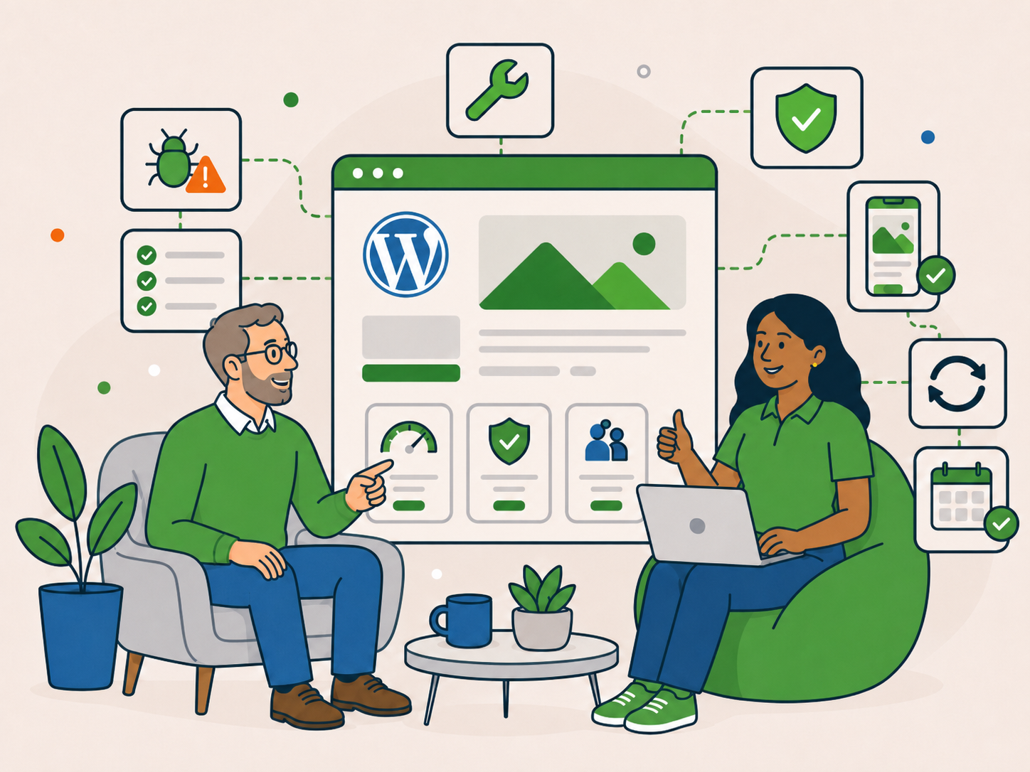 Client and WordPress support specialist reviewing a repaired website with maintenance, security and mobile checks completed.
