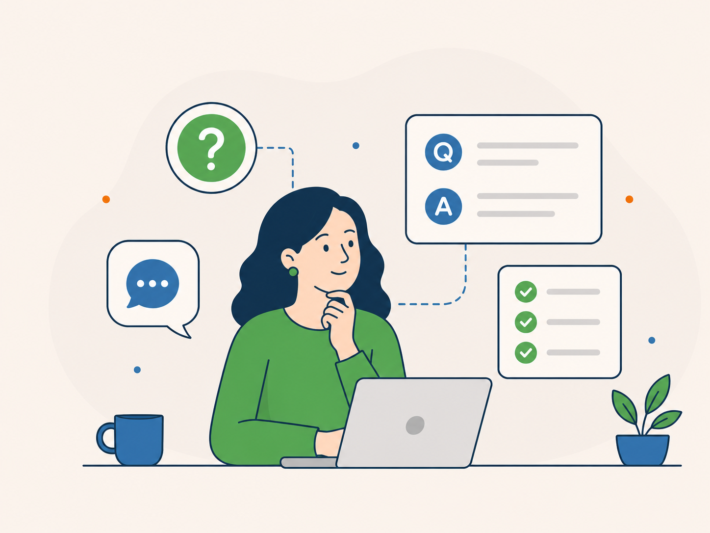 Illustration of a business owner reviewing WordPress support questions with question, answer, chat, and checklist icons around a laptop.
