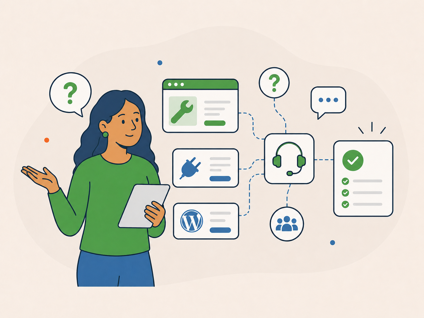 Illustration of a business owner holding a tablet with question marks and connected WordPress support options leading to a clear next step.