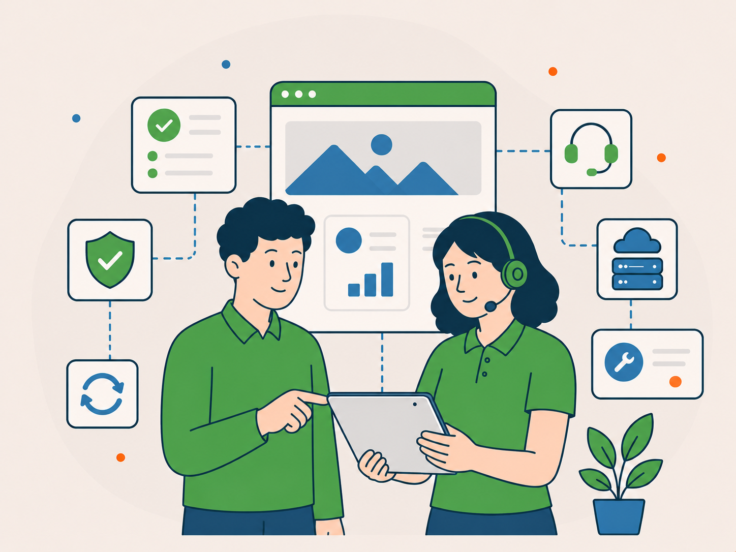 Illustration of two WordPress support team members reviewing a website care dashboard with support, hosting, security, and maintenance icons.