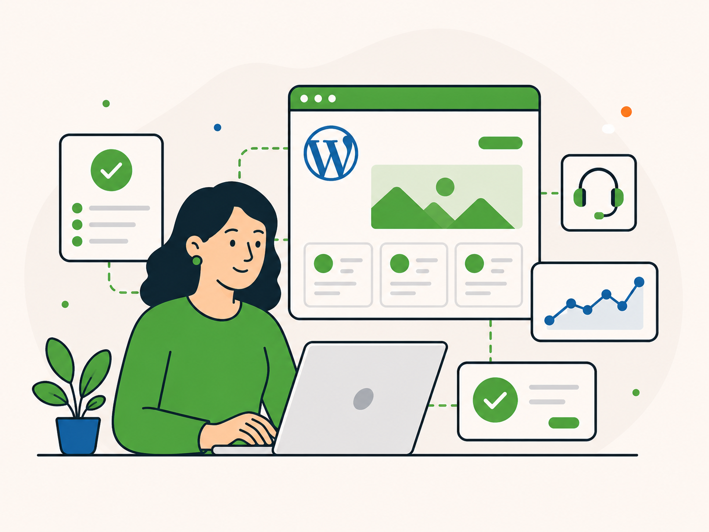 Illustration of a UK business website manager working on a laptop with WordPress support panels, checklist icons, and support tools around her.