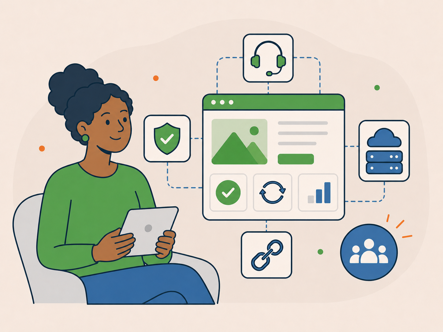 Illustration of a business owner using a tablet with connected hosting, support, security, and website management icons.