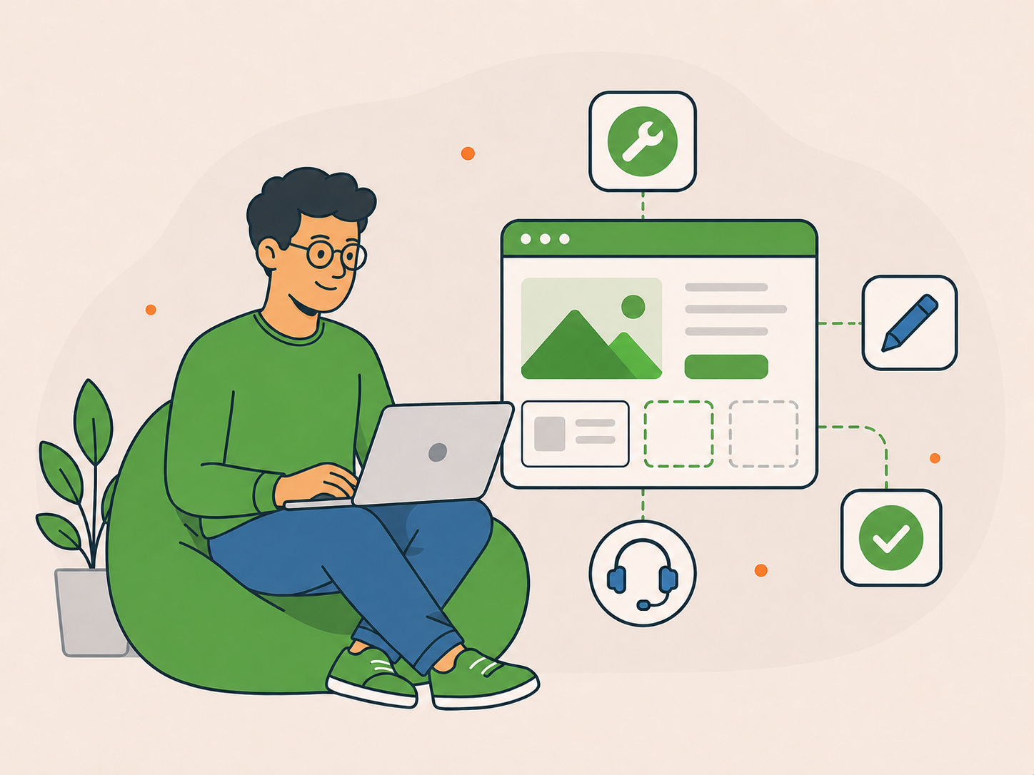 Illustration of a business owner using a laptop with website editing, support, and task completion icons around a webpage.