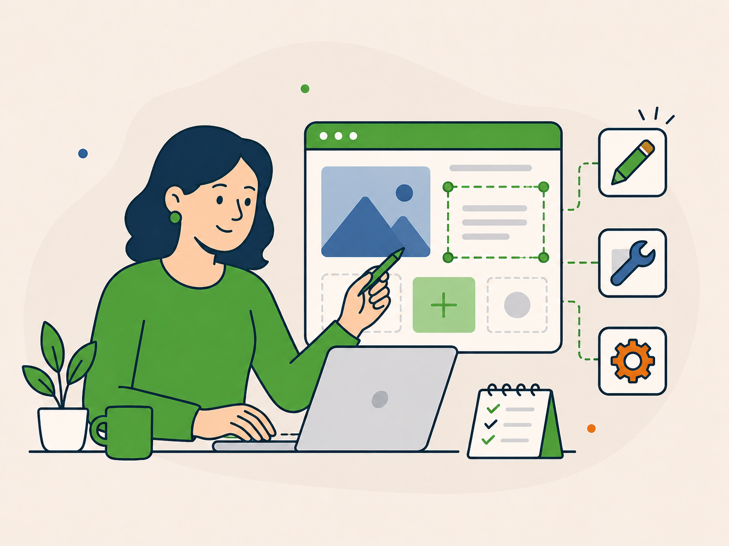 Illustration of a business owner making website updates with editing, tools, and improvement icons around a webpage.
