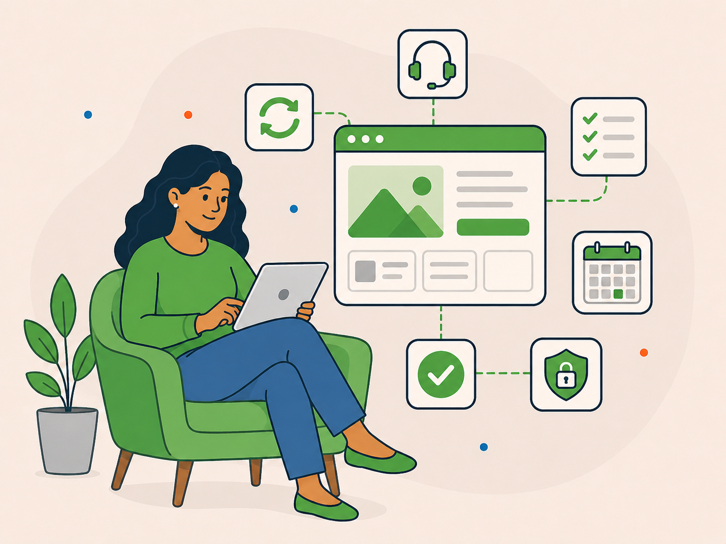 Illustration of a business owner using a tablet with a website dashboard, checklist, calendar, support, security, and update icons.