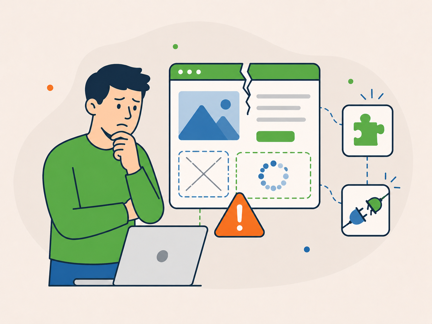 Illustration of a worried website owner looking at a broken website screen with warning, plugin, and error icons.