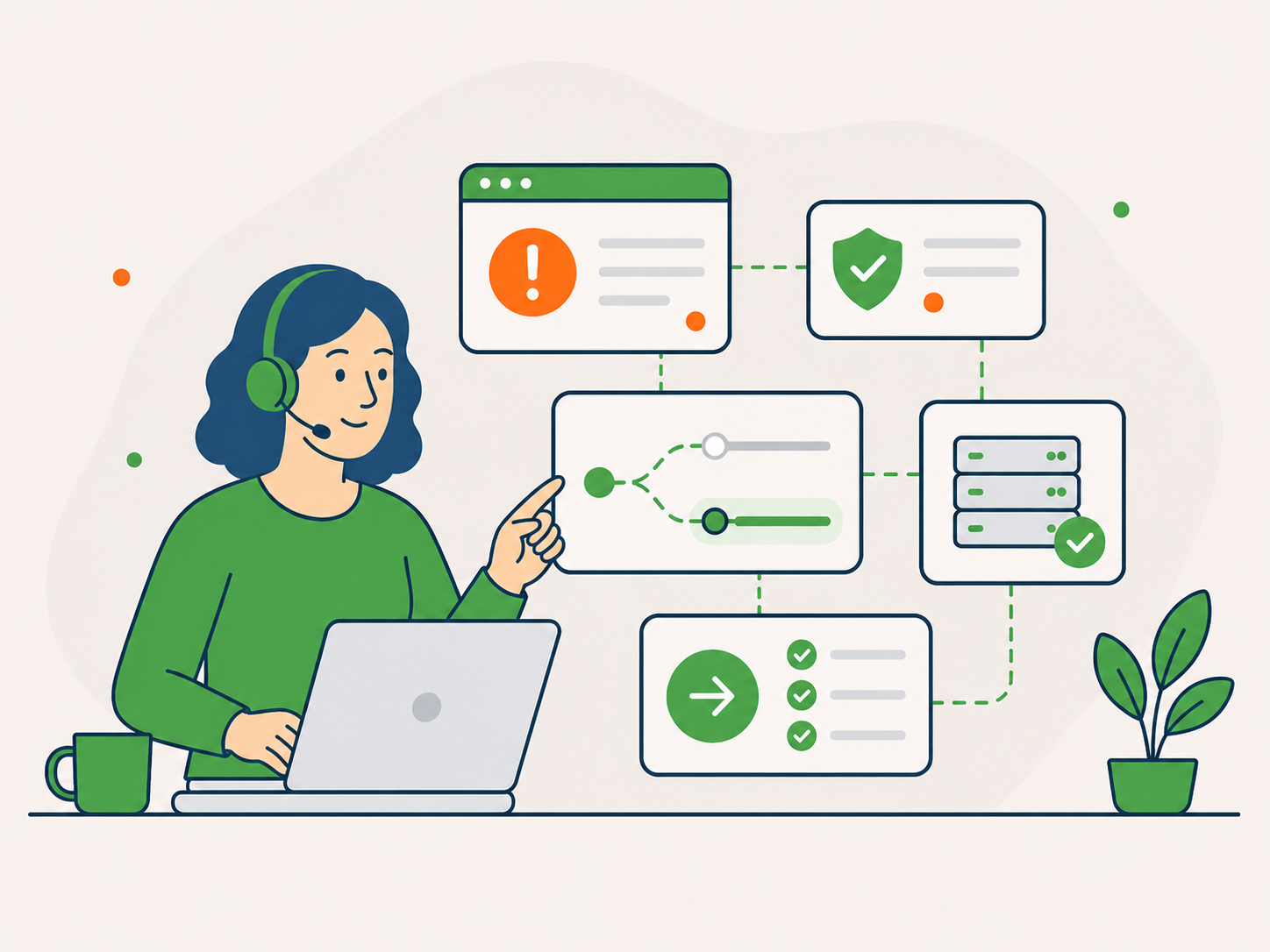Illustration of a calm support specialist guiding an urgent WordPress issue toward a clear next step with connected support panels.