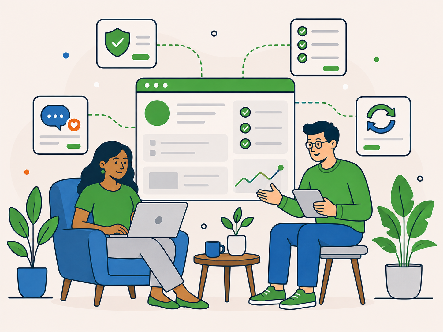Two WordPress support team members calmly reviewing website work together, with a shared dashboard, checklists, and support icons showing steady, practical long-term client care.