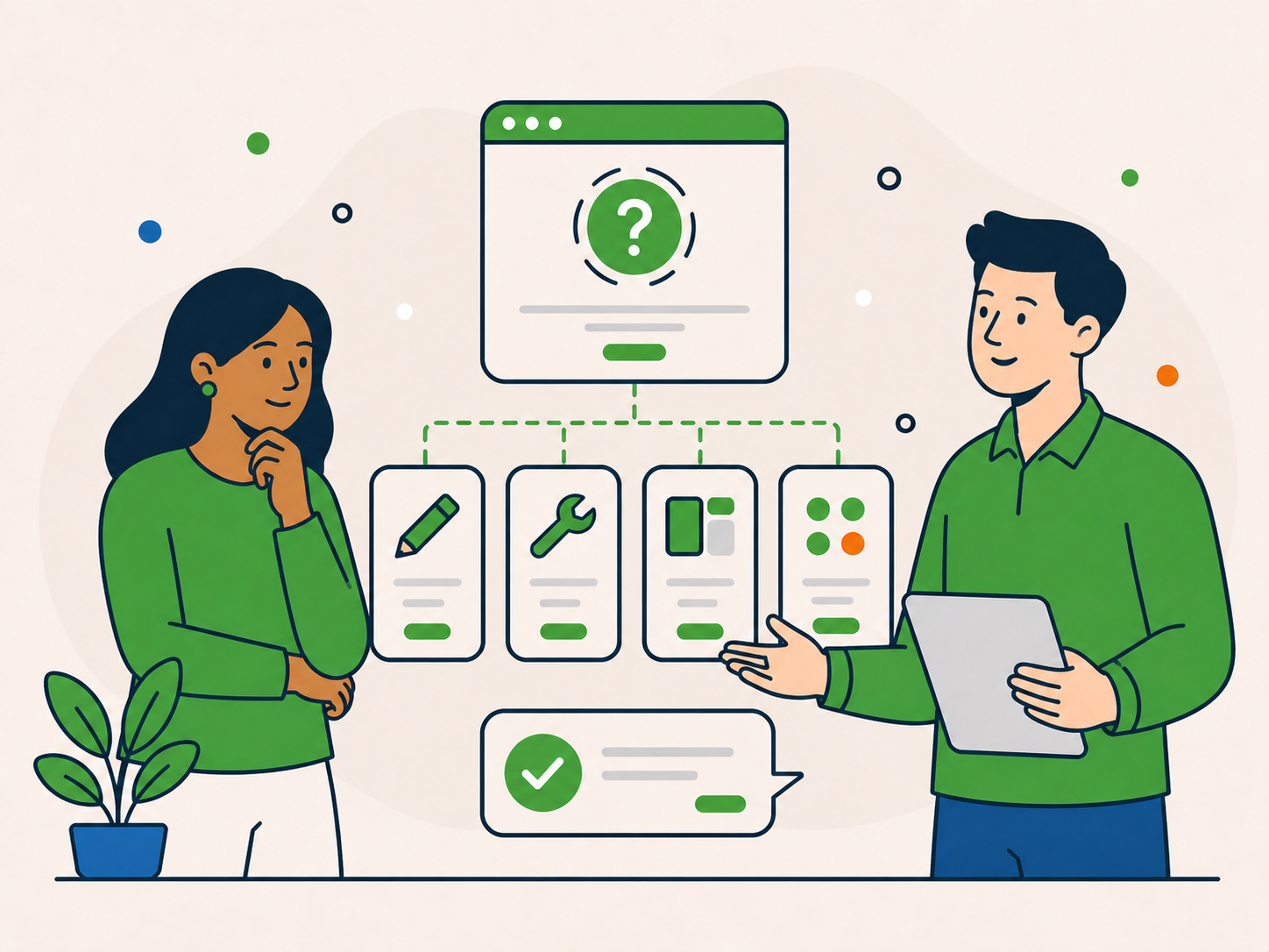 Two people reviewing website change options with question and checklist panels, helping clarify the best next step.
