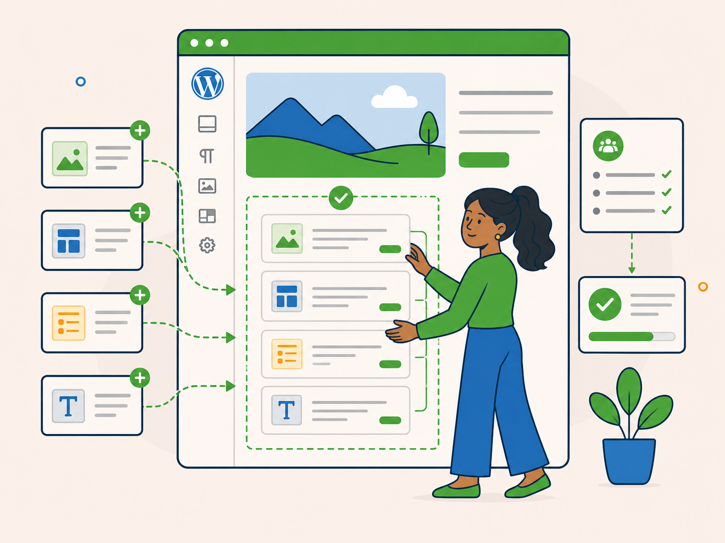 Illustration of a website editor showing several related website change cards being grouped together into one organised batch request.