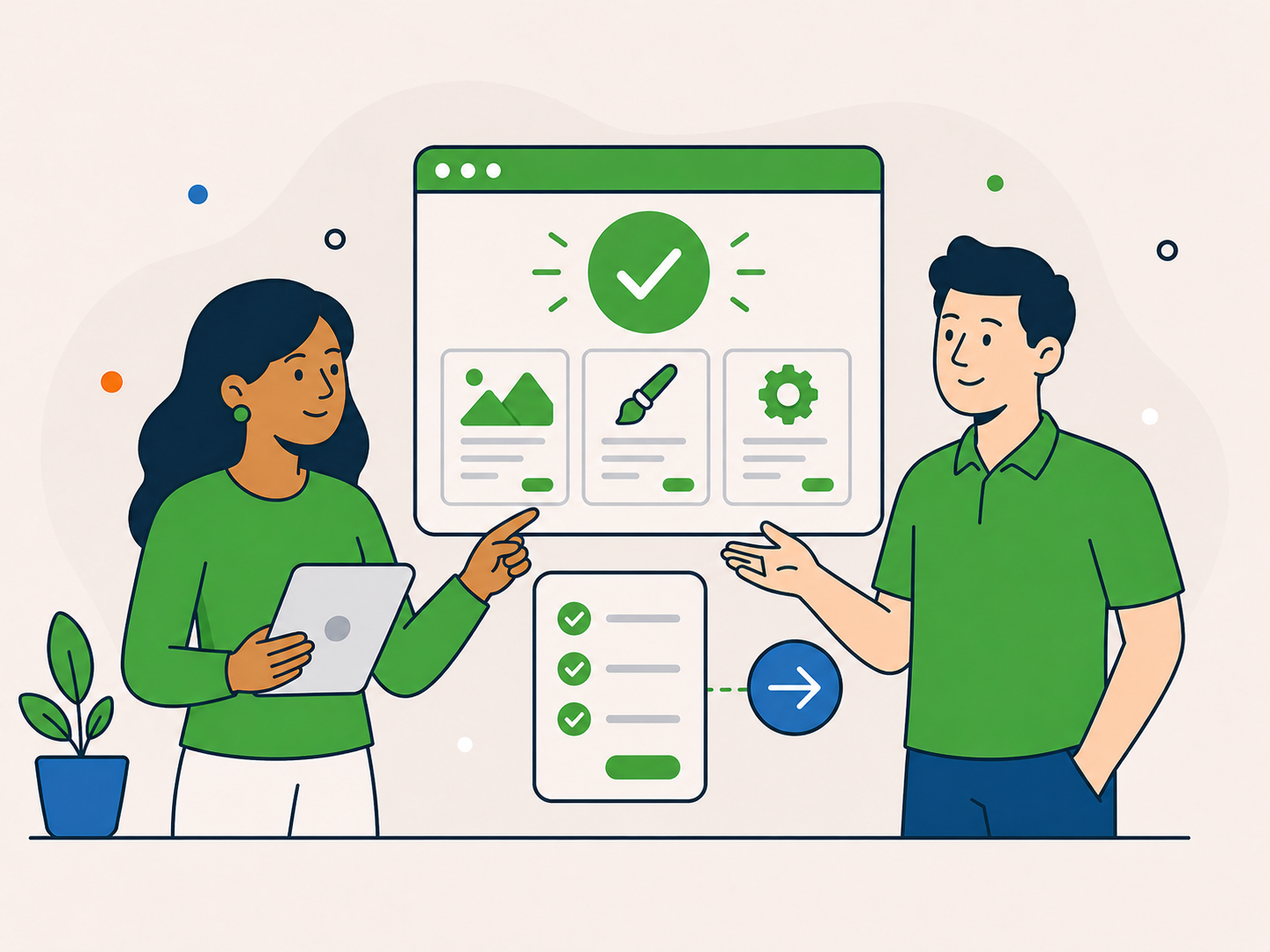 Two people reviewing website update options with a clear checklist, confirmation icon, and next-step arrow.