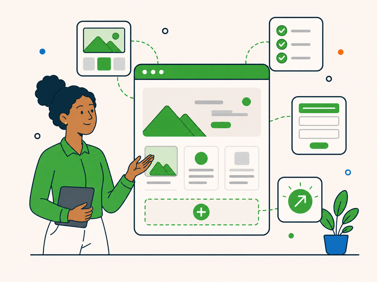 Person presenting website updates and improvement options beside a WordPress-style page layout with content blocks, checklist, form, and add section icons.