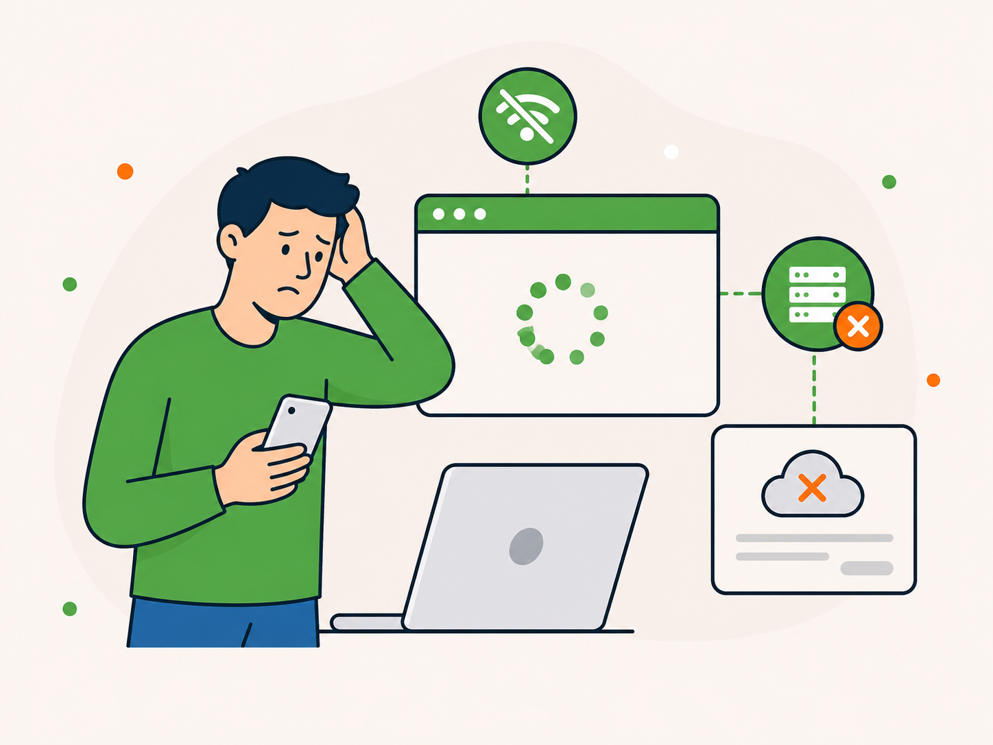 Illustration of a worried website owner with a laptop, loading website window, disconnected signal icon, and server error warning.