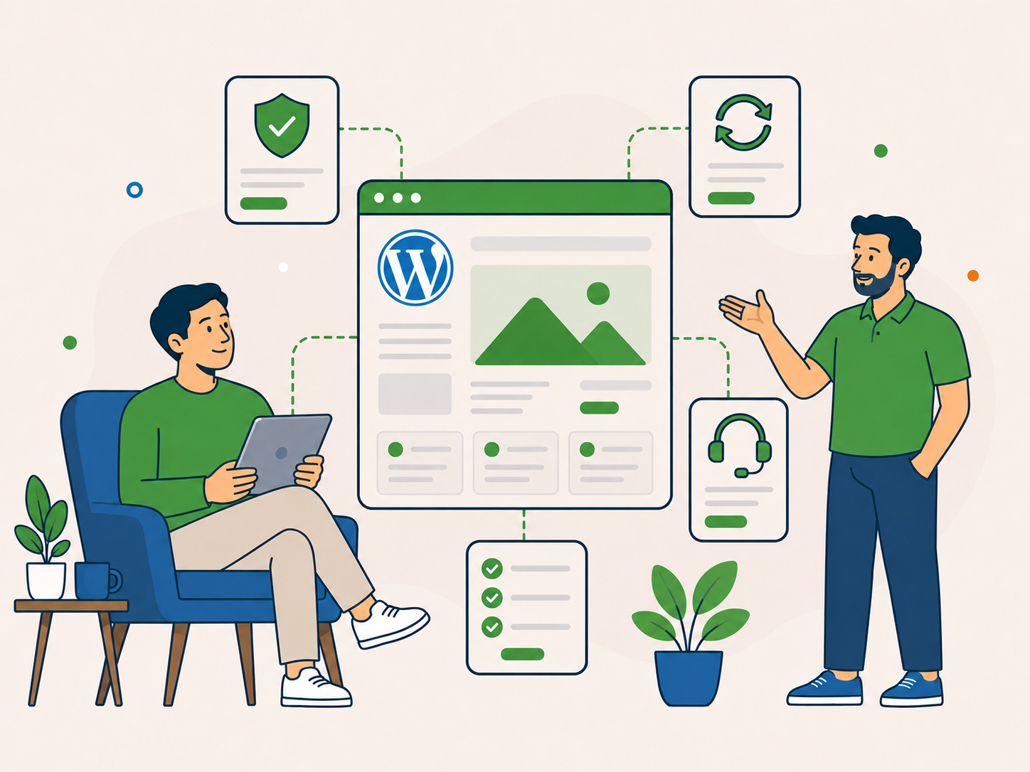 Website owner keeping oversight of a WordPress site while a support partner helps manage maintenance, checks and ongoing tasks.