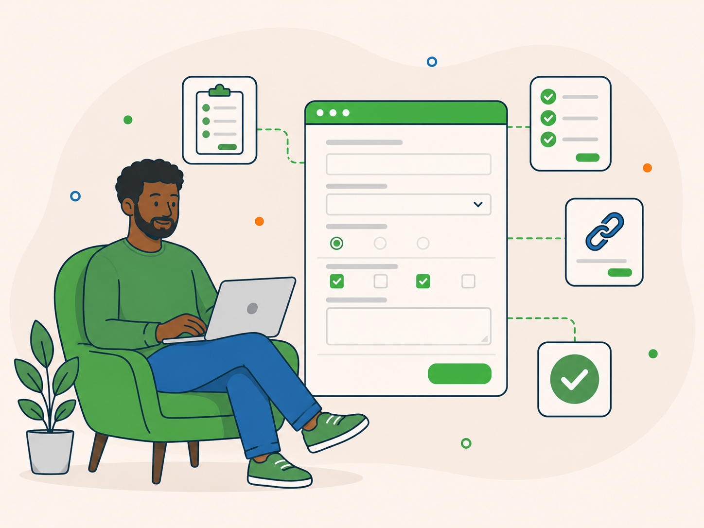 Customer completing a guided website project brief form with planning, checklist, link, and confirmation icons