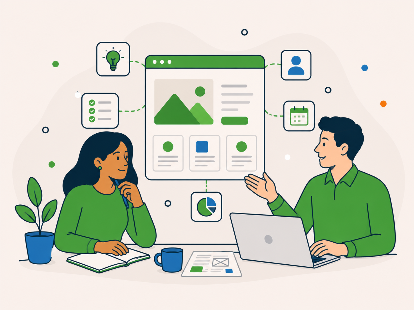 Two people collaborating on a WordPress website project brief, reviewing layouts, ideas, and planning cards to map out a larger website project.