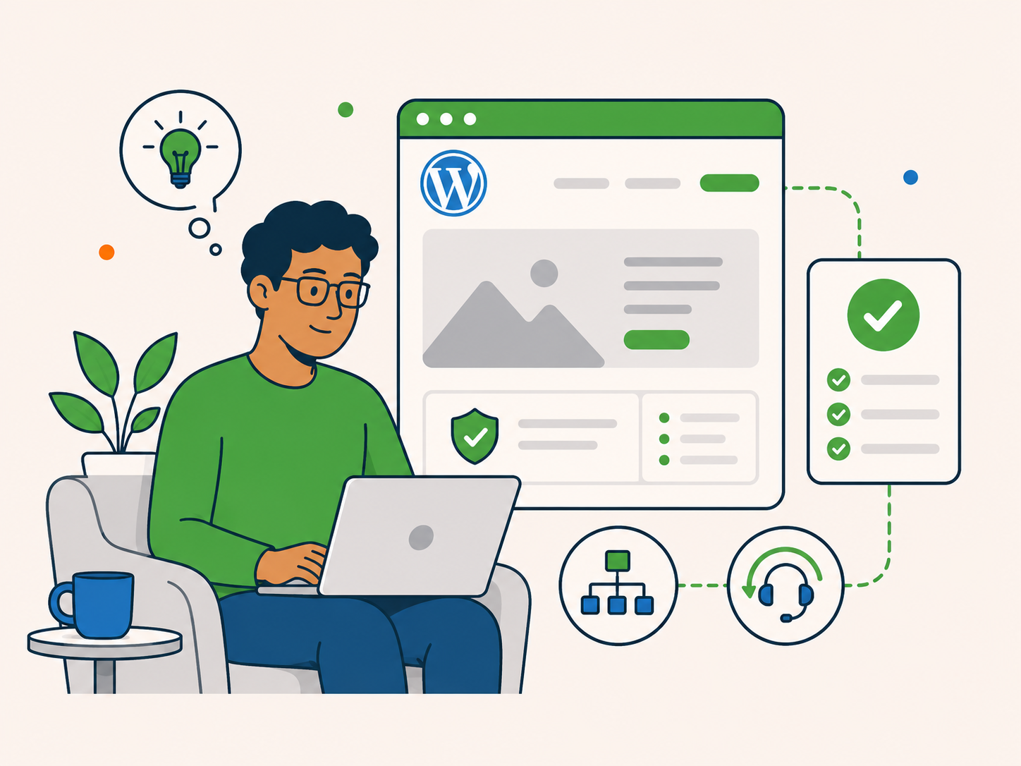 Illustration of a customer planning a larger WordPress website project, with a project brief, site layout, and planning icons showing the route to send a website project brief.