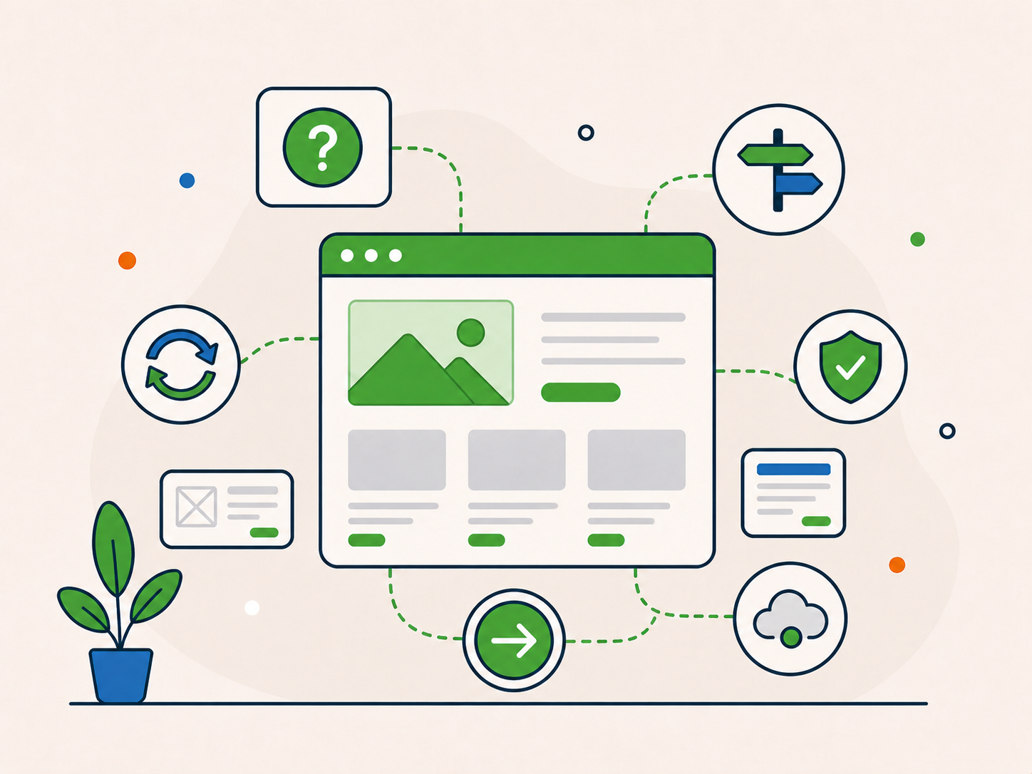 Website project FAQ illustration showing a central website mockup connected to question, project route, approval, support, and hosting icons.