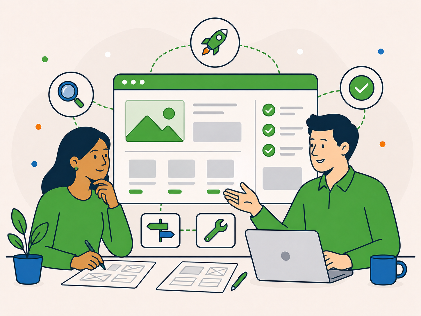 Client and WordPress project specialist planning a website project together, reviewing wireframes and a website mockup with project, launch, and approval icons.