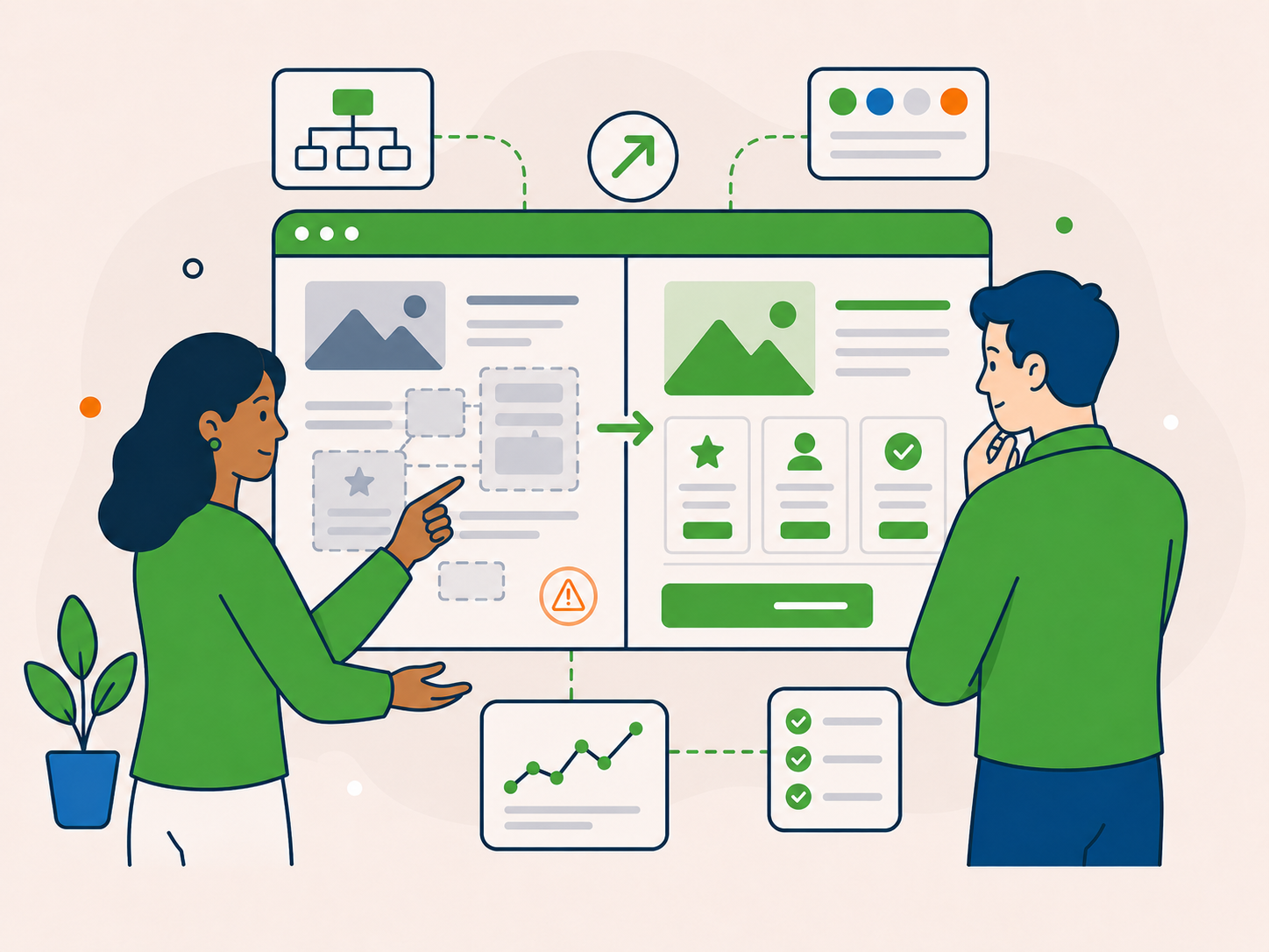 Two people reviewing an outdated website layout and a clearer improved version, showing when a larger website project may be needed.