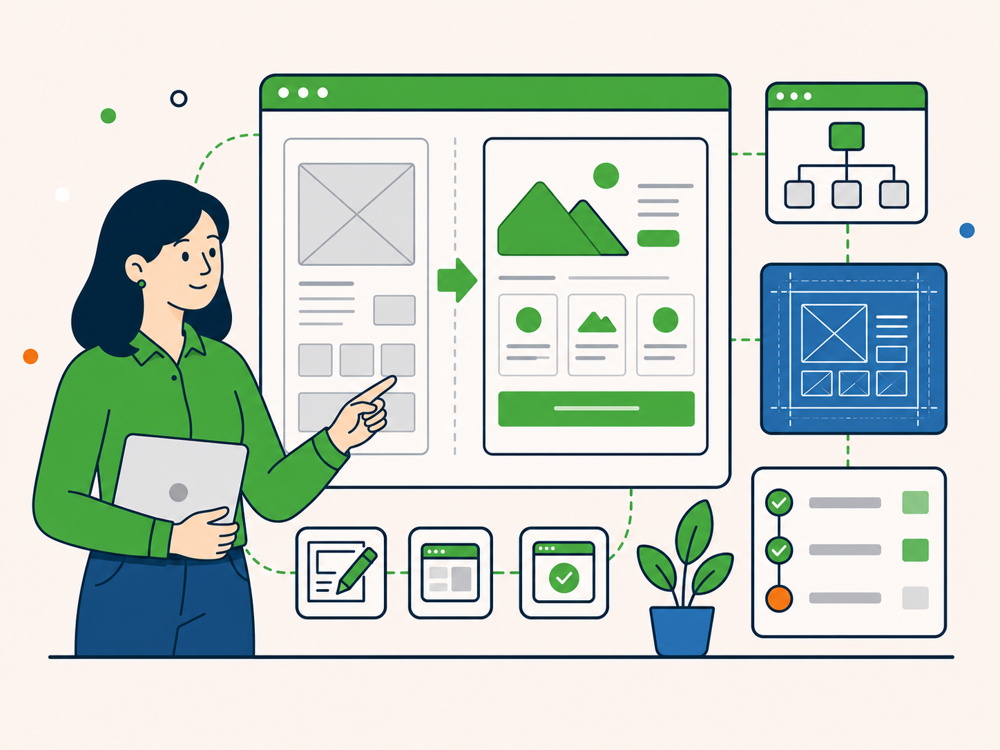 Person reviewing a larger website project plan with wireframe, redesigned page layout, blueprint, sitemap, and milestone checklist panels.