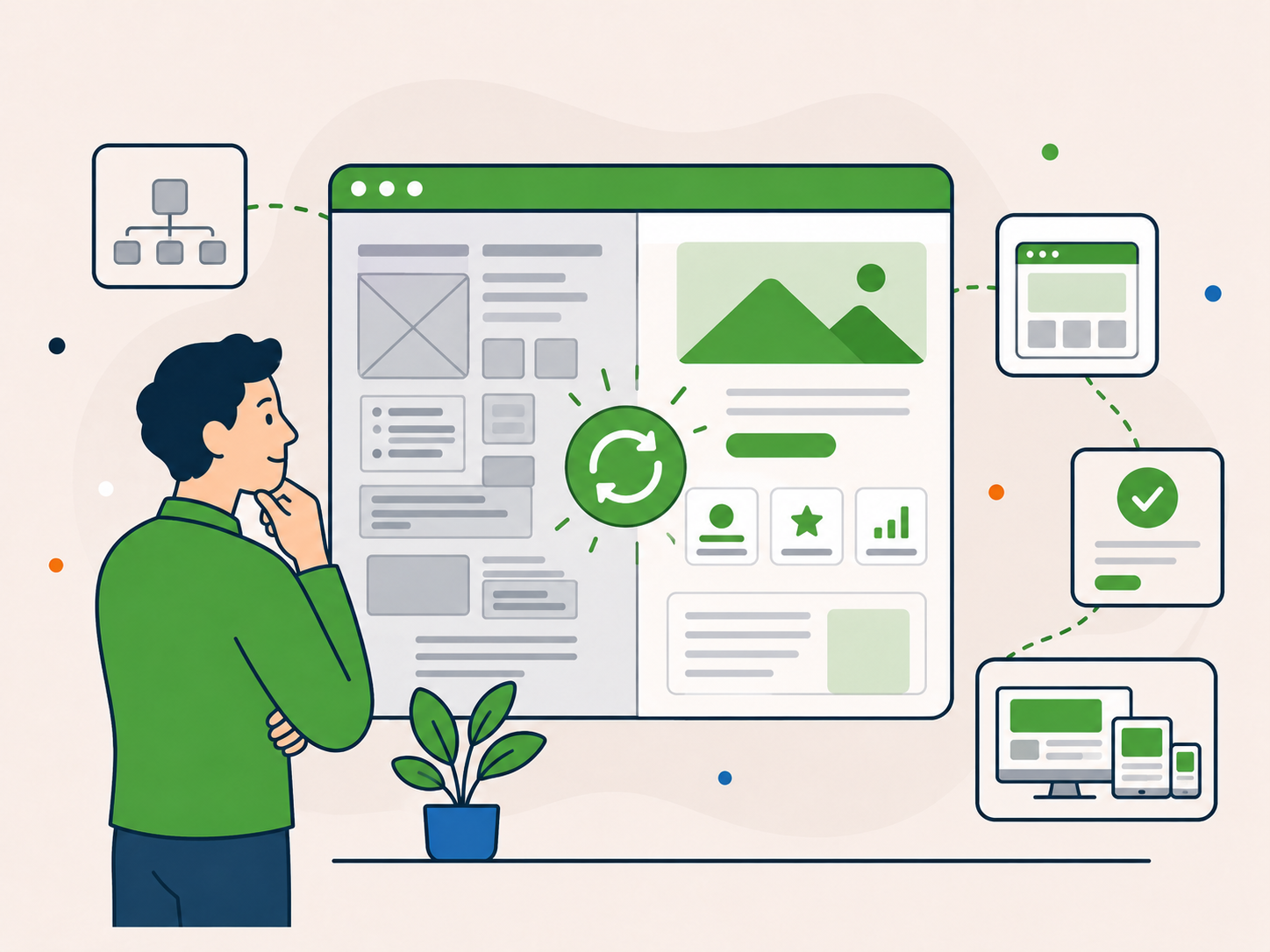 Person reviewing an outdated website layout being rebuilt into a clearer, more modern and responsive design.
