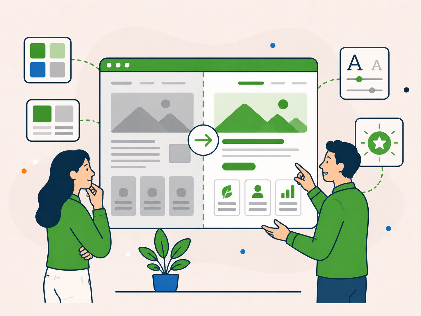 Two people reviewing a website redesign, comparing an outdated layout with a clearer, more modern version.