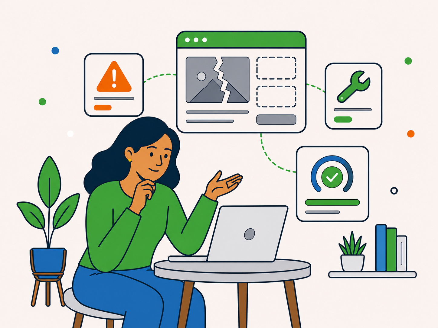 Customer reviewing a broken website with warning and repair icons showing help with pages and errors.