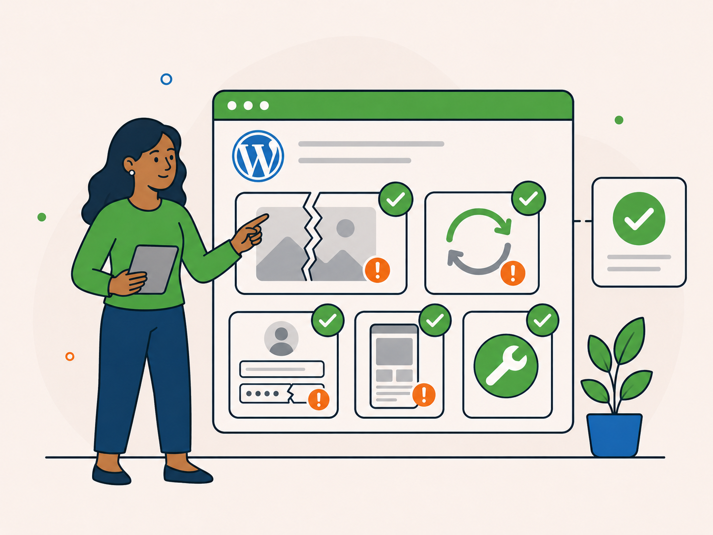 Illustration of a website owner reviewing a WordPress-style dashboard with broken page, update, login, mobile layout, and repair icons marked as suitable for website repair.