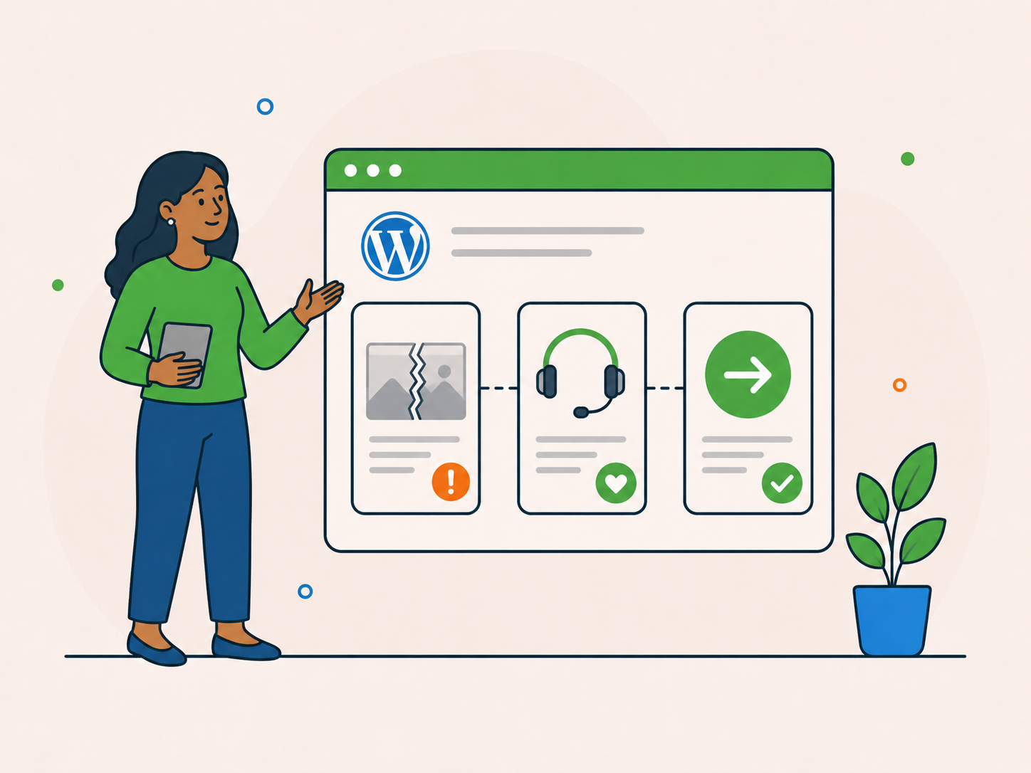 Illustration of a website owner reviewing a simple WordPress repair process, moving from a broken website issue to support and a clear next step.