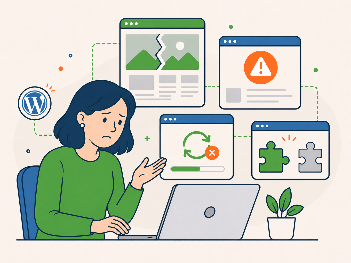 Illustration of a concerned website owner reviewing broken WordPress pages, failed updates, plugin conflicts, and repair warnings.
