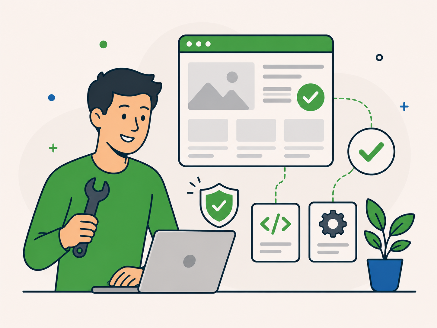 Person fixing a website with repair, code, settings, and checkmark icons.
