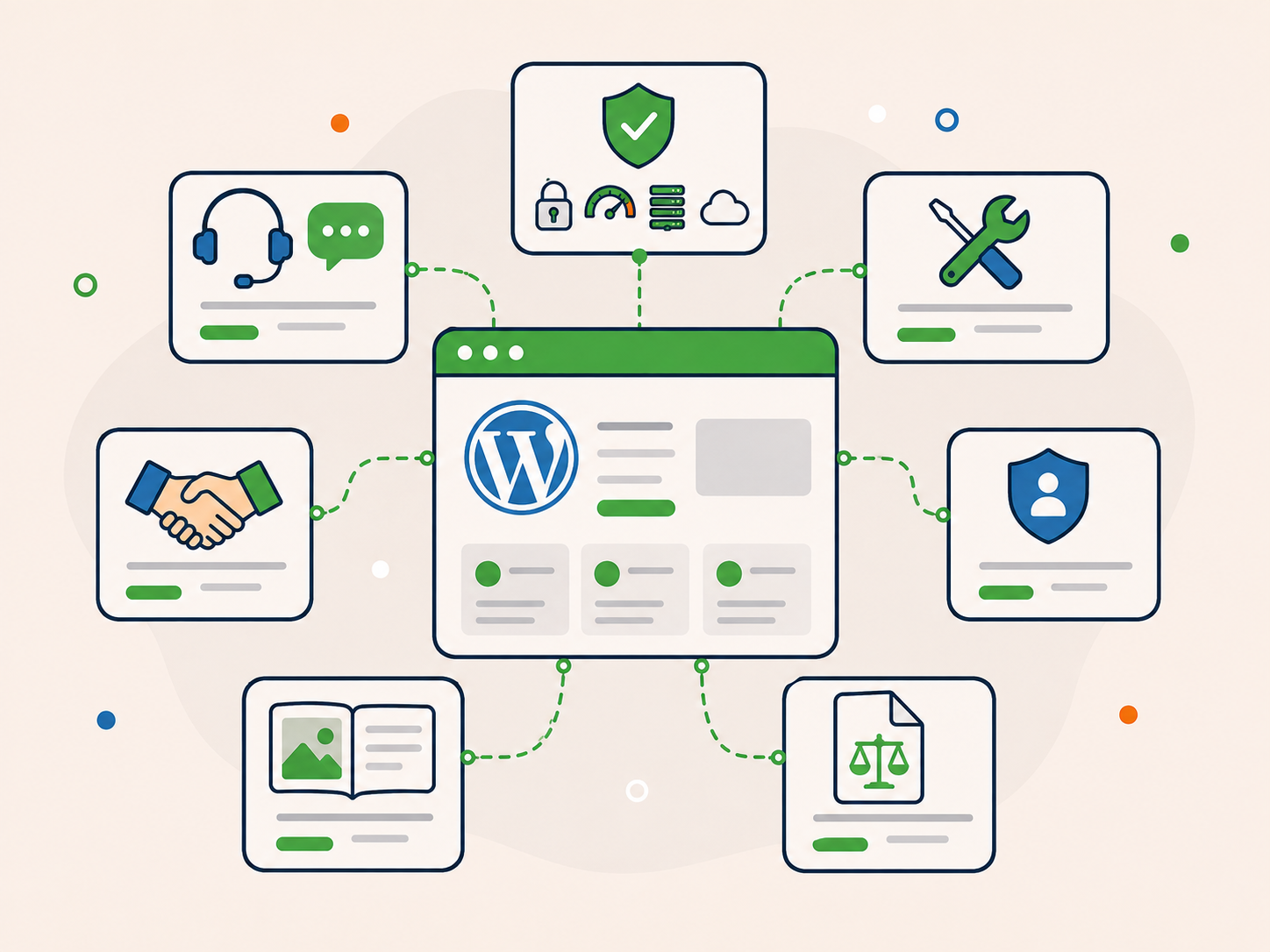 Illustration of a compact website sitemap with a central WordPress-style dashboard connected to main Newt Labs page groups, including support, care plans, services, partner information, trust pages, blog content, and legal pages.