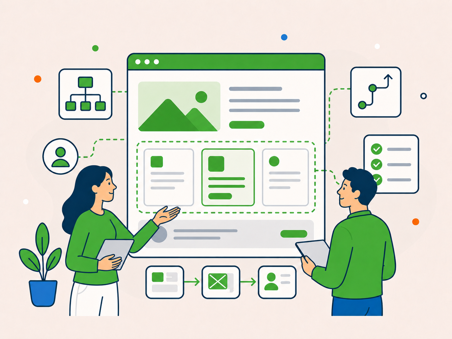 Two people planning structural website improvements with clearer page sections, user flow icons, and checklist panels.