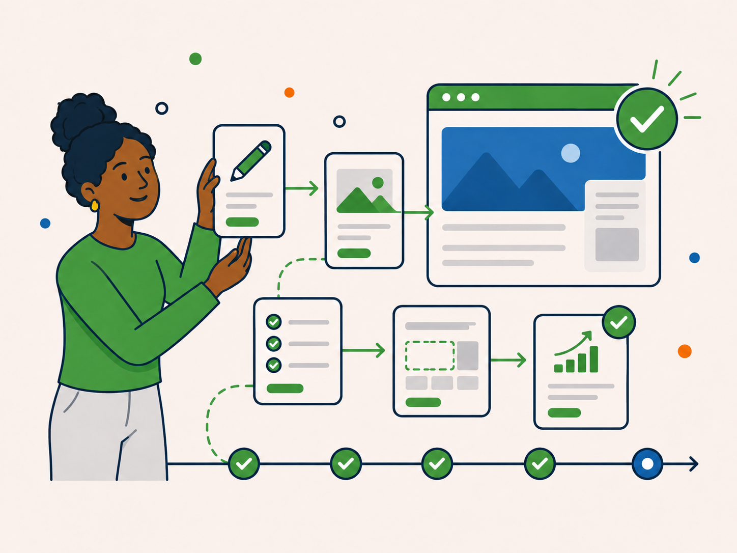 Website manager moving content, design and improvement tasks through an organised workflow towards a completed website update.