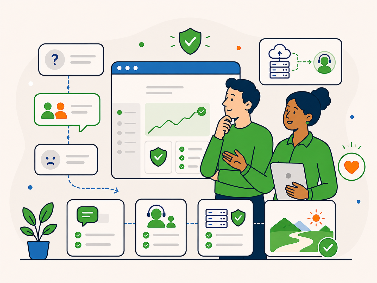 Illustration of two people reviewing a WordPress support dashboard with trust, support, hosting, and long-term care icons.