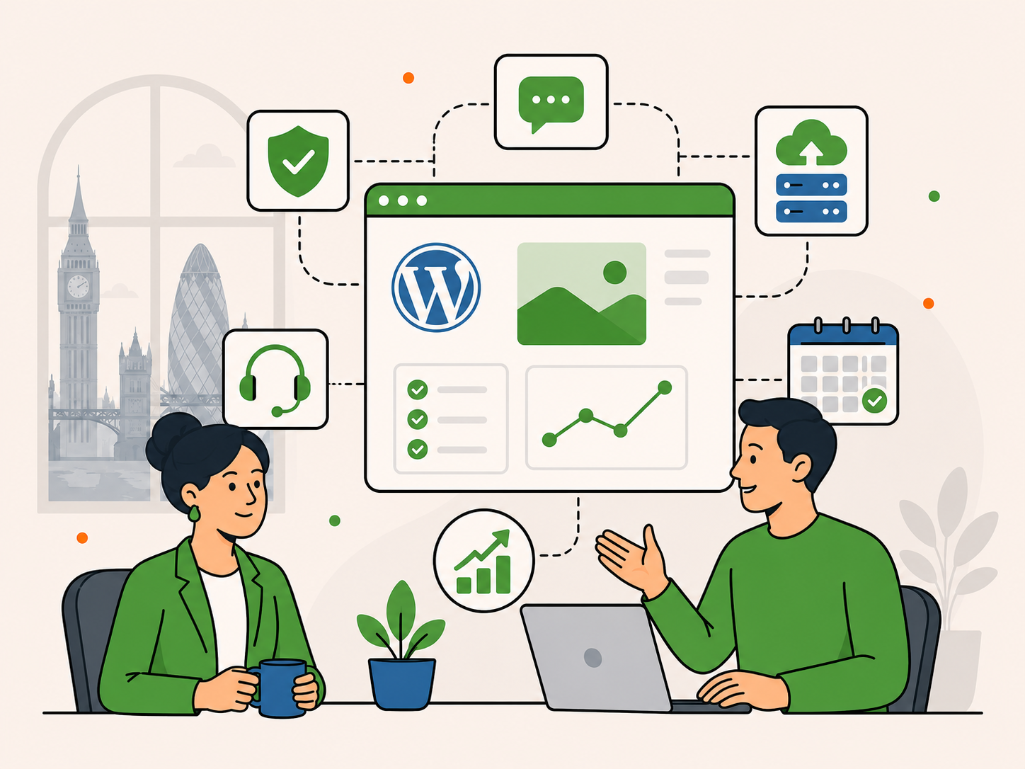 Illustration of a London business owner and WordPress support partner discussing a connected support dashboard with security, hosting, care, and communication icons.