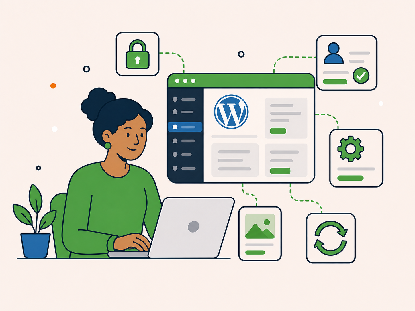 Client securely accessing a WordPress dashboard to manage website settings, users and updates.