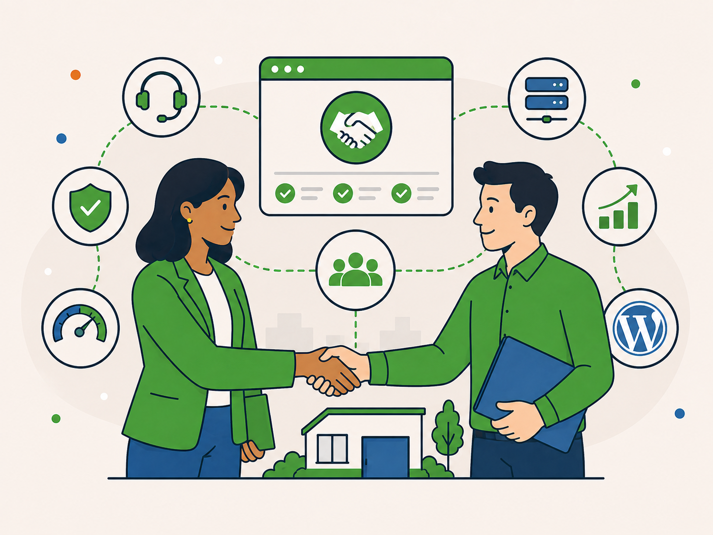 Two WordPress business owners shaking hands, surrounded by connected icons for support, security, hosting, performance, recurring revenue, and client continuity.