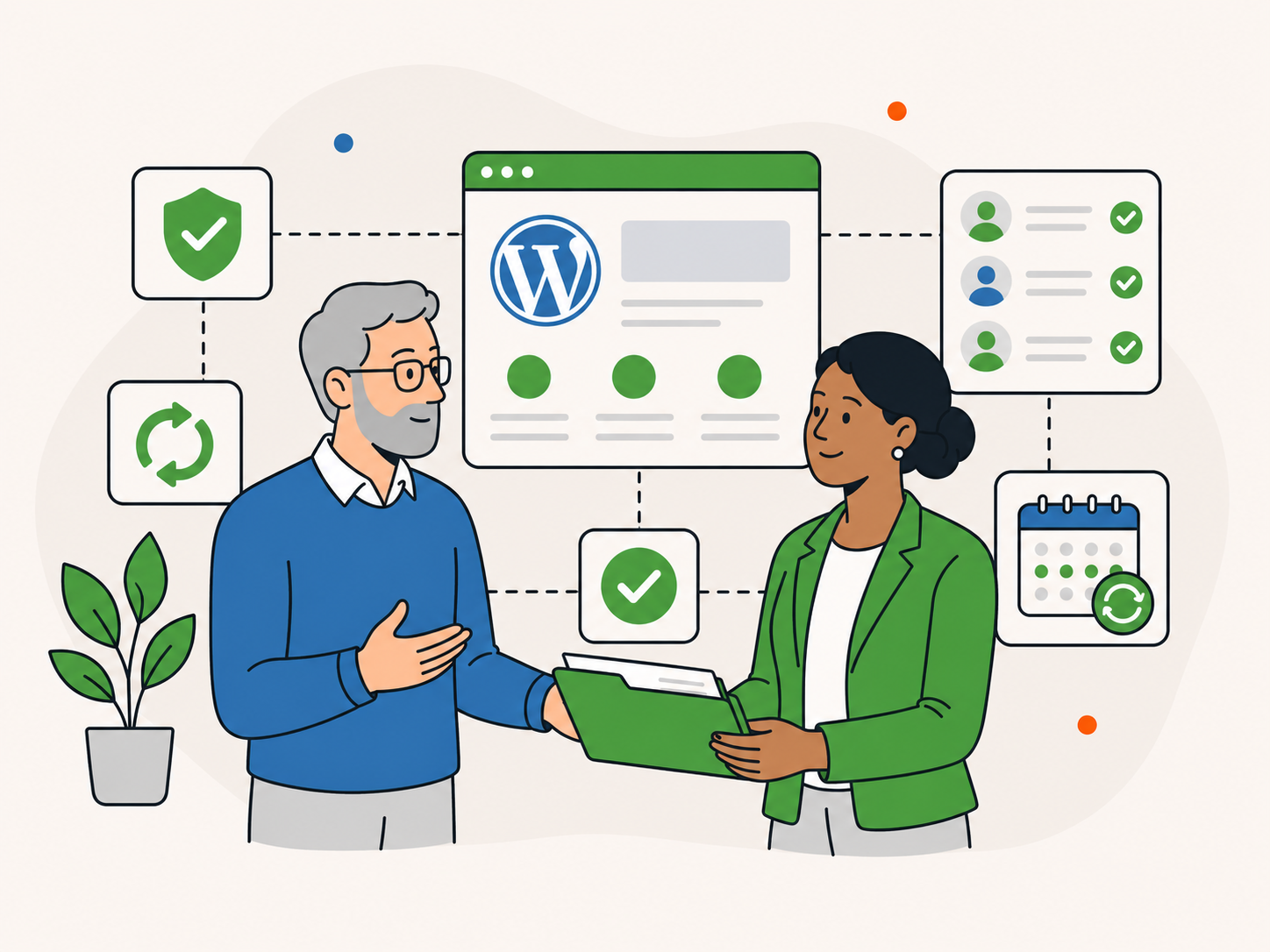 Flat vector illustration showing a calm acquisition or succession conversation, with two people reviewing a WordPress business handover supported by approval, renewal, and client portfolio elements.