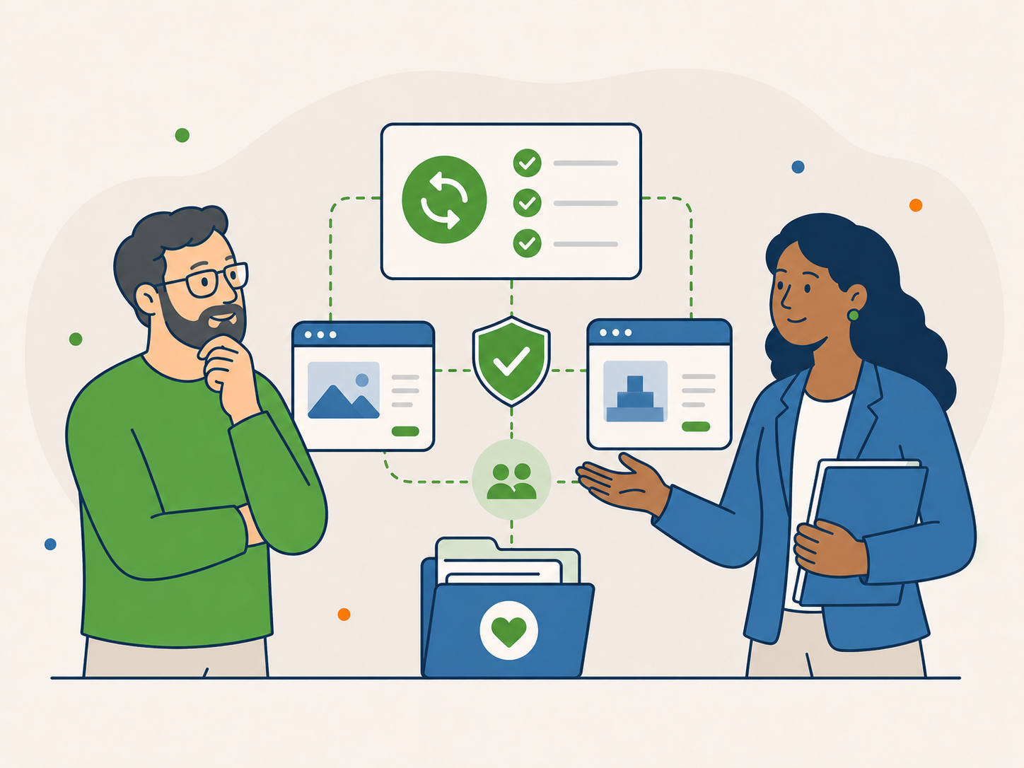 Flat vector illustration showing a calm business handover conversation with connected website, care, continuity, and client portfolio icons.