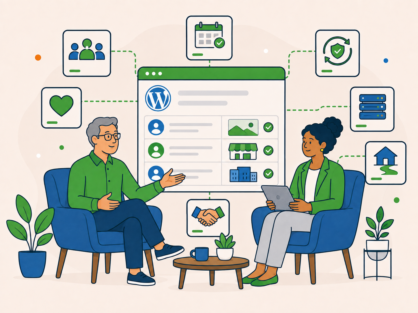 Two business owners discussing a planned WordPress client handover and a trusted long-term home for recurring support relationships.