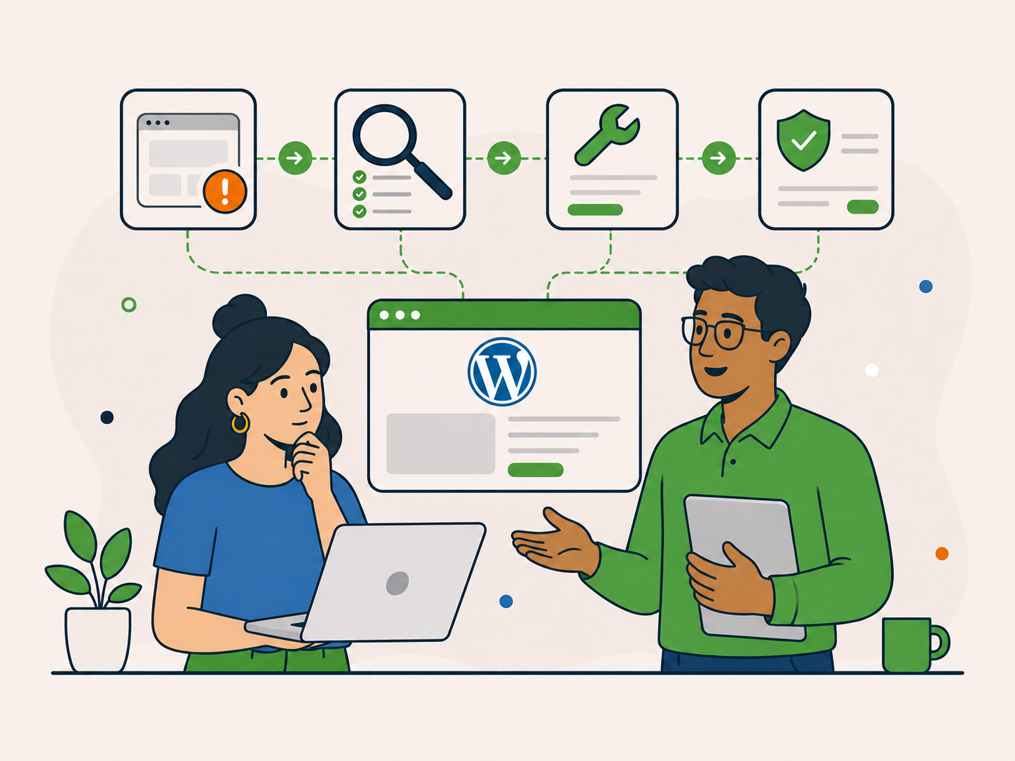 Illustration of a website owner and support advisor reviewing the first step before a care plan, showing a problem, audit, fix, and secure outcome for a WordPress website.