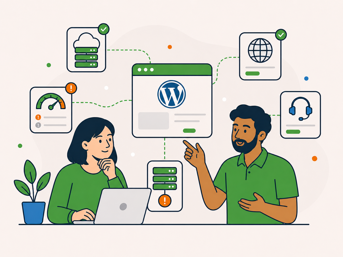 Illustration of a website owner discussing WordPress hosting with a support advisor, with hosting, server, performance, and support icons showing how hosting can affect ongoing website care.
