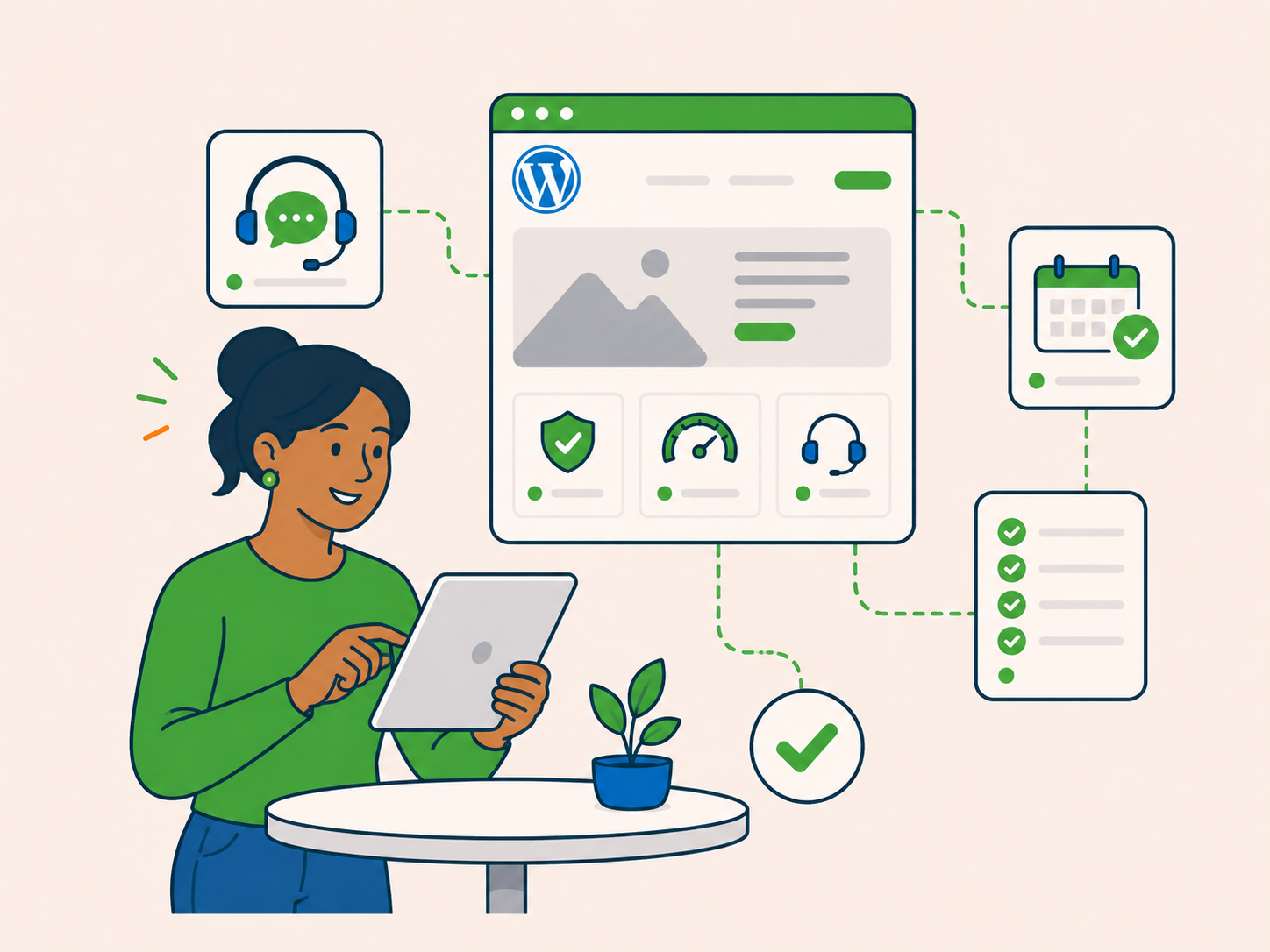 Website owner starting a WordPress care plan enquiry with connected icons for support, maintenance checks, updates, and ongoing website help.