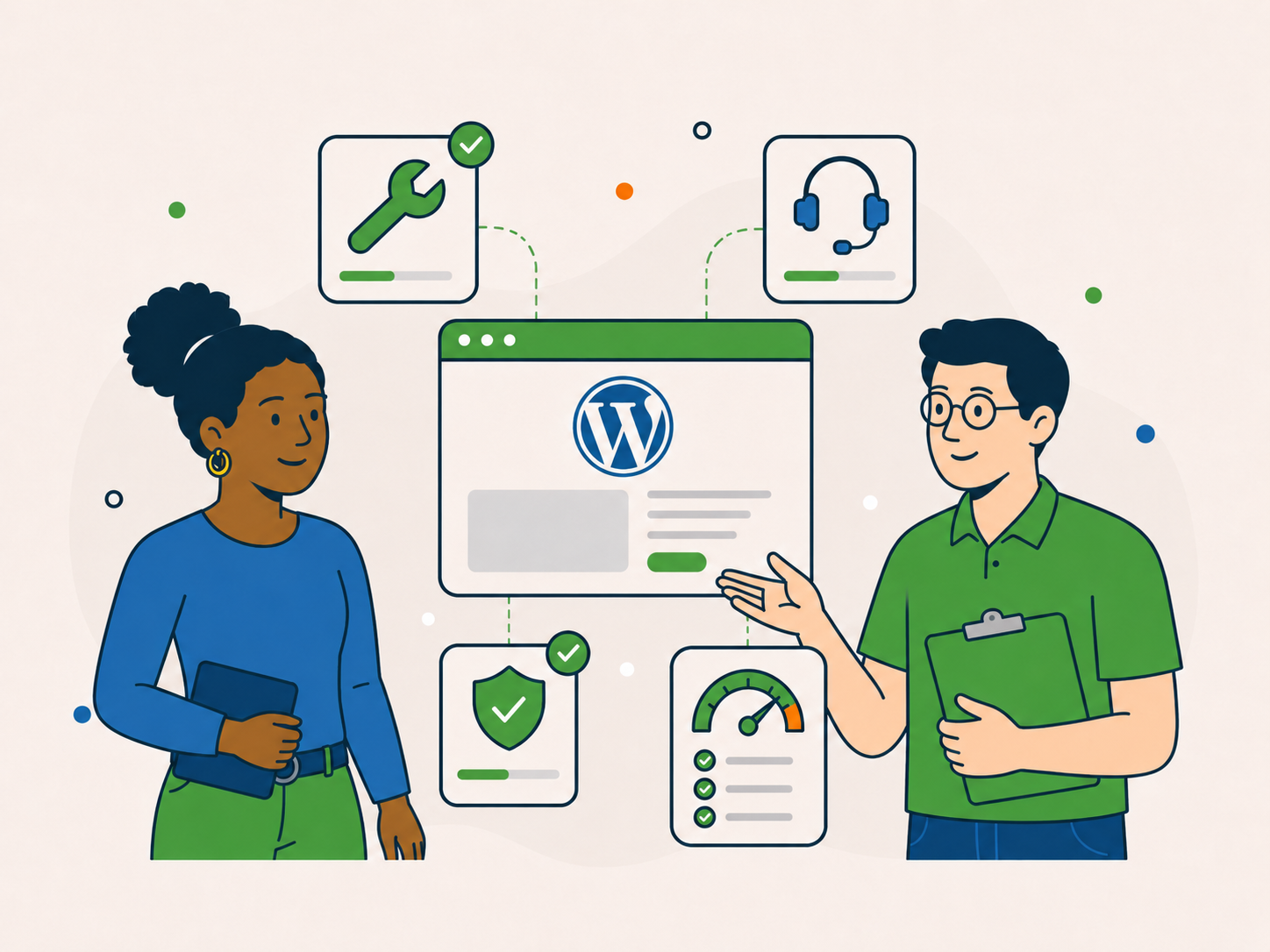 Illustration of a website owner and a support advisor reviewing WordPress care plan options for ongoing support, maintenance, security, and performance.